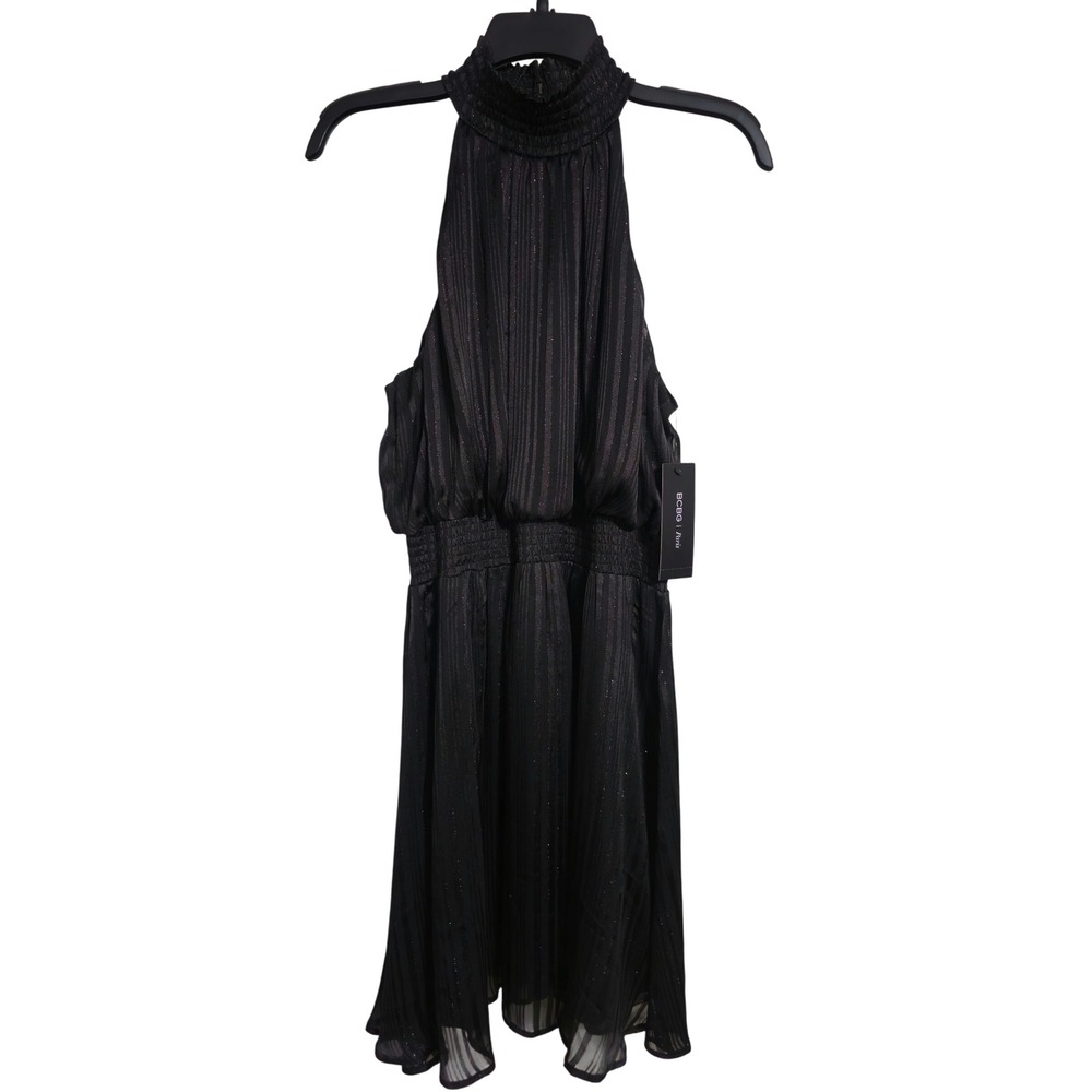 BCBG Paris Black Metallic Striped Halter Dress Cocktail Party Size M NWT